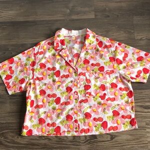 Aerie Strawberry Floral Print Top Short Sleeve Button Front Boxy